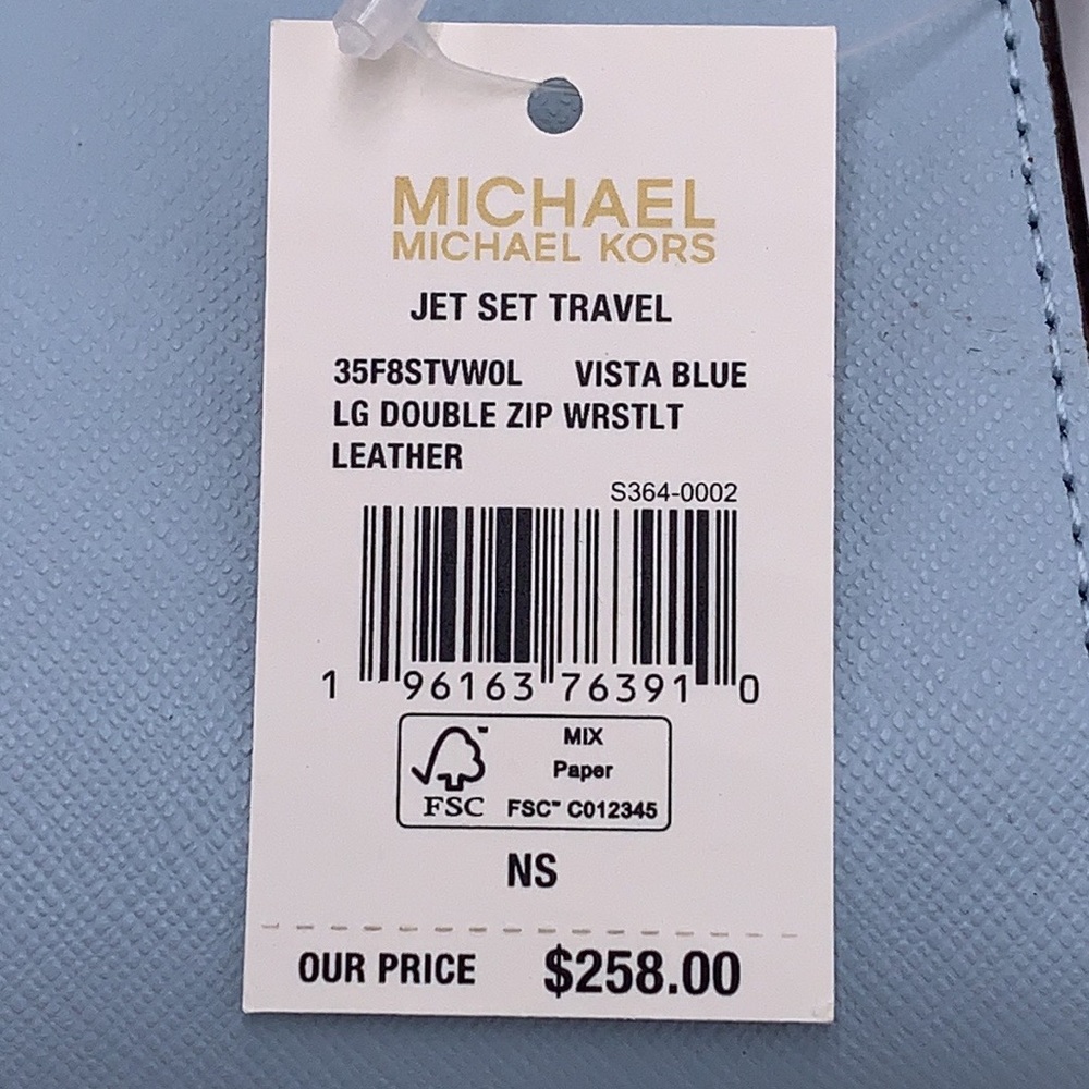 MICHAEL KORS JET SET TRAVEL 35F8GTVWOL VISTA BLUE LG DOUBLE ZIP WRSTLT LEATHER - Picture 14 of 14